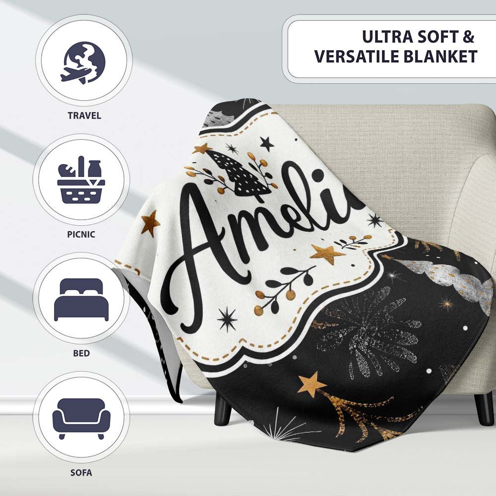 Luxury Christmas Trees Black Gold Silver Glitter Stars Seamless  Personalised Custom Name Super Soft Fleece Blanket Bed Sofa Throw