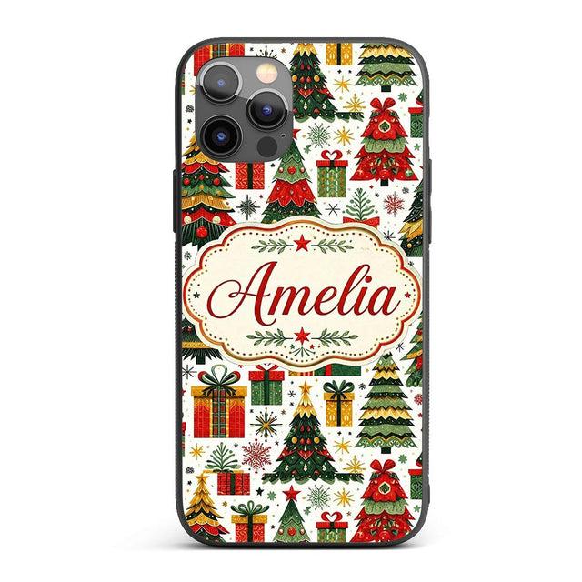 Festive Christmas Trees Gifts Presents Red Green Custom Name Protective Phone Case Mobile Cover Durable Everyday Smartphone Shock Resistant