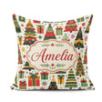 Custom Name Festive Christmas Trees Gifts Presents Green Pattern Square Filled Cushion Throw Pillow Sofa Bed Home Decor Zip Washable UK Made