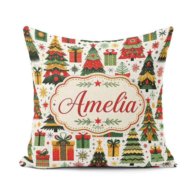 Custom Name Festive Christmas Trees Gifts Presents Green Pattern Square Filled Cushion Throw Pillow Sofa Bed Home Decor Zip Washable UK Made