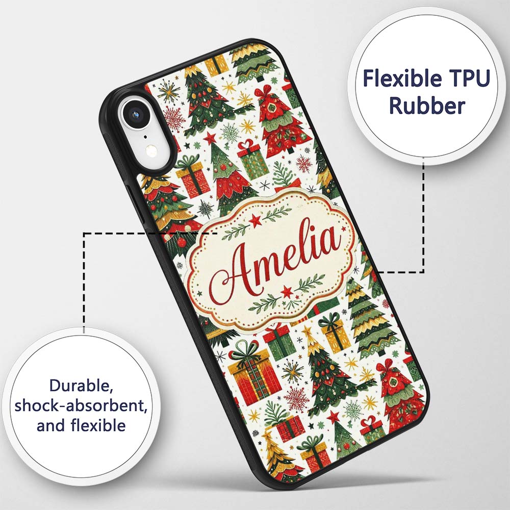Festive Christmas Trees Gifts Presents Red Green Custom Name Protective Phone Case Mobile Cover Durable Everyday Smartphone Shock Resistant