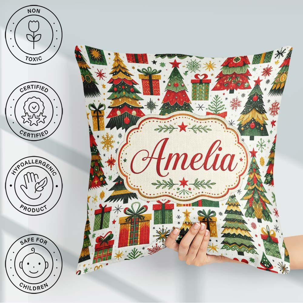 Custom Name Festive Christmas Trees Gifts Presents Green Pattern Square Filled Cushion Throw Pillow Sofa Bed Home Decor Zip Washable UK Made