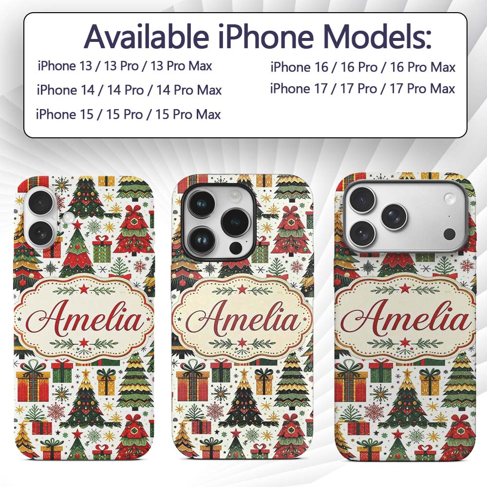 Festive Christmas Trees Gifts Presents Red Green Custom Name Protective Phone Case Mobile Cover Durable Everyday Smartphone Shock Resistant