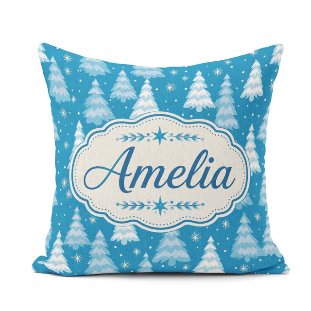 Custom Name Snowy Blue Winter Christmas Trees Snowflakes Pattern Square Filled Cushion Throw Pillow Sofa Bed Home Decor Zip Washable UK Made