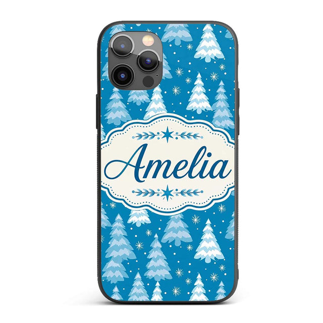Snowy Blue Winter Christmas Trees Snowflakes Custom Name Protective Phone Case Mobile Cover Durable Everyday Smartphone Shock Resistant
