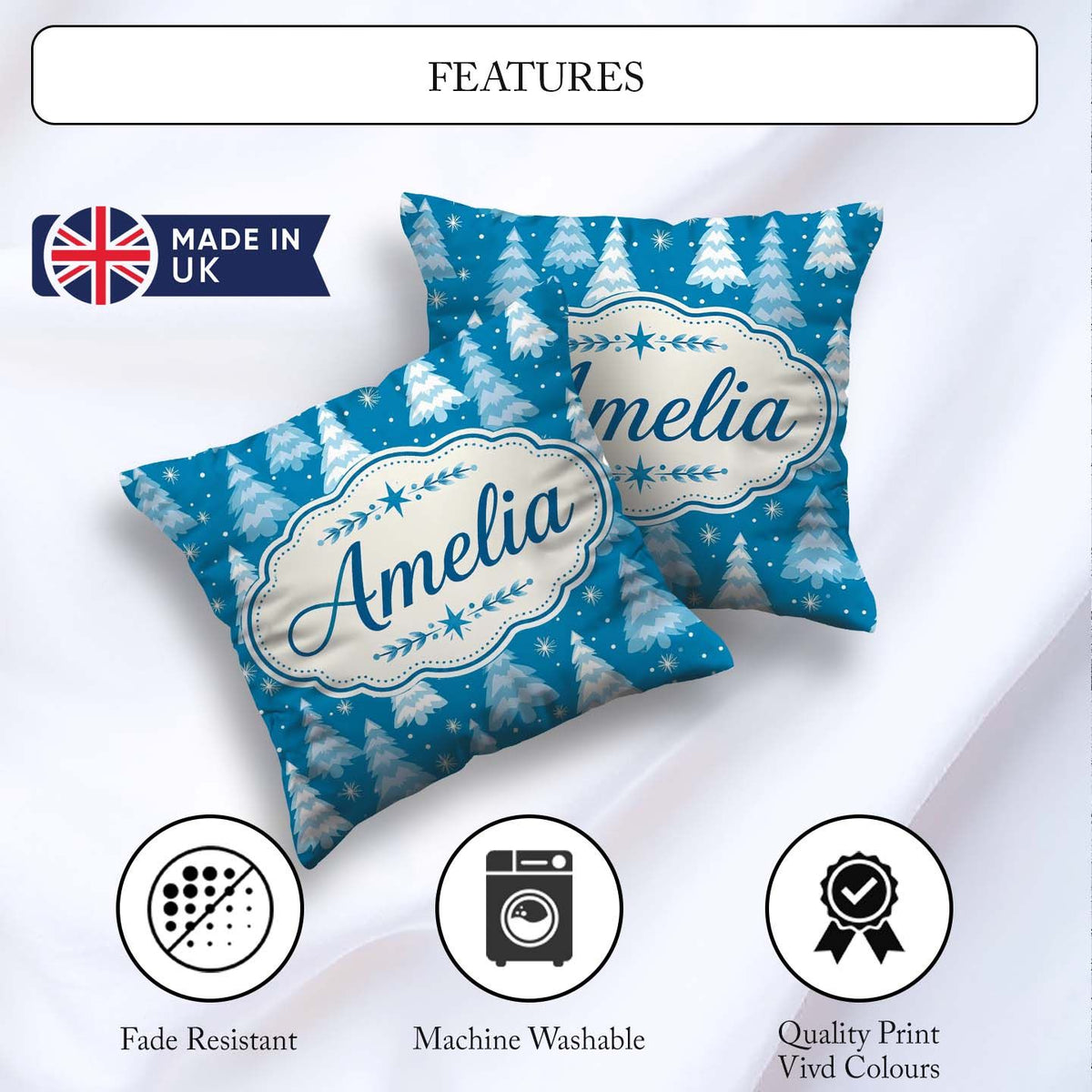 Custom Name Snowy Blue Winter Christmas Trees Snowflakes Pattern Square Filled Cushion Throw Pillow Sofa Bed Home Decor Zip Washable UK Made