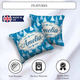 Custom Name Snowy Blue Winter Christmas Trees Snowflakes Pattern Square Filled Cushion Throw Pillow Sofa Bed Home Decor Zip Washable UK Made