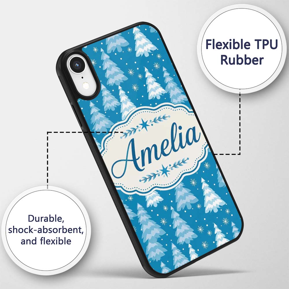 Snowy Blue Winter Christmas Trees Snowflakes Custom Name Protective Phone Case Mobile Cover Durable Everyday Smartphone Shock Resistant