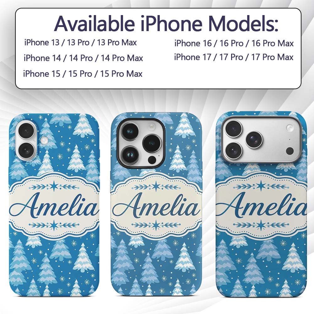 Snowy Blue Winter Christmas Trees Snowflakes Custom Name Protective Phone Case Mobile Cover Durable Everyday Smartphone Shock Resistant