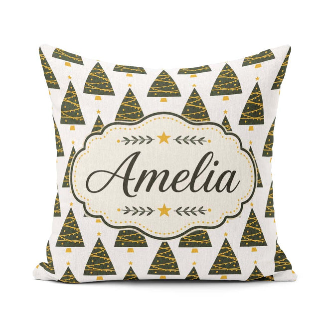 Custom Name Minimal Trees Gold Garland White Background Seamless Square Filled Cushion Throw Pillow Sofa Bed Home Decor Zip Washable UK Made