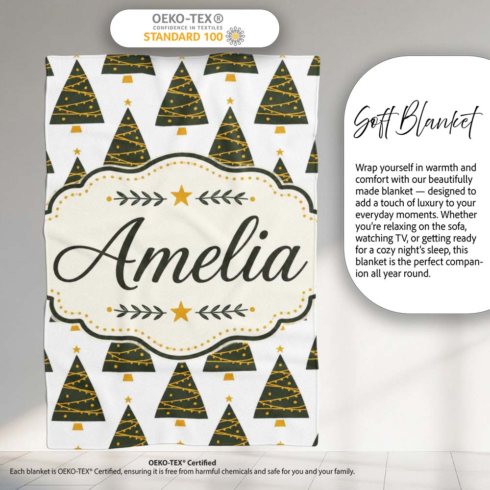 Minimal Christmas Trees Gold Garland White Background Seamless  Personalised Custom Name Super Soft Fleece Blanket Bed Sofa Throw