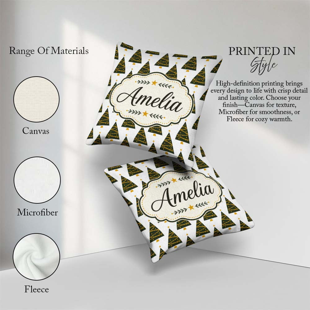 Custom Name Minimal Trees Gold Garland White Background Seamless Square Filled Cushion Throw Pillow Sofa Bed Home Decor Zip Washable UK Made