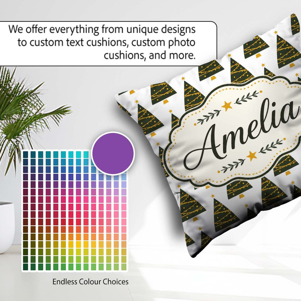 Custom Name Minimal Trees Gold Garland White Background Seamless Square Filled Cushion Throw Pillow Sofa Bed Home Decor Zip Washable UK Made