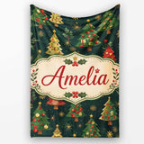 Vintage Christmas Trees Dark Green Gold Stars Holiday Seamless  Personalised Custom Name Super Soft Fleece Blanket Bed Sofa Throw