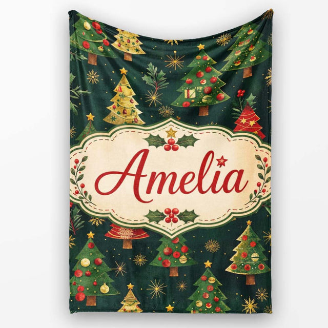 Vintage Christmas Trees Dark Green Gold Stars Holiday Seamless  Personalised Custom Name Super Soft Fleece Blanket Bed Sofa Throw