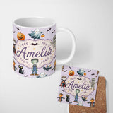 Personalized Custom Name Halloween Zombie Mummy Vampire Bat Spooky Lilac Seamless Pattern 11oz Ceramic Coffee Tea Mug White Large Handle