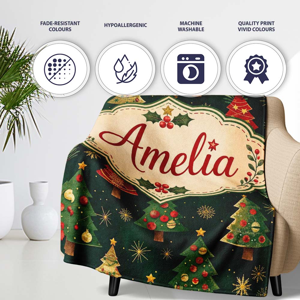 Vintage Christmas Trees Dark Green Gold Stars Holiday Seamless  Personalised Custom Name Super Soft Fleece Blanket Bed Sofa Throw