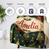 Vintage Christmas Trees Dark Green Gold Stars Holiday Seamless  Personalised Custom Name Super Soft Fleece Blanket Bed Sofa Throw