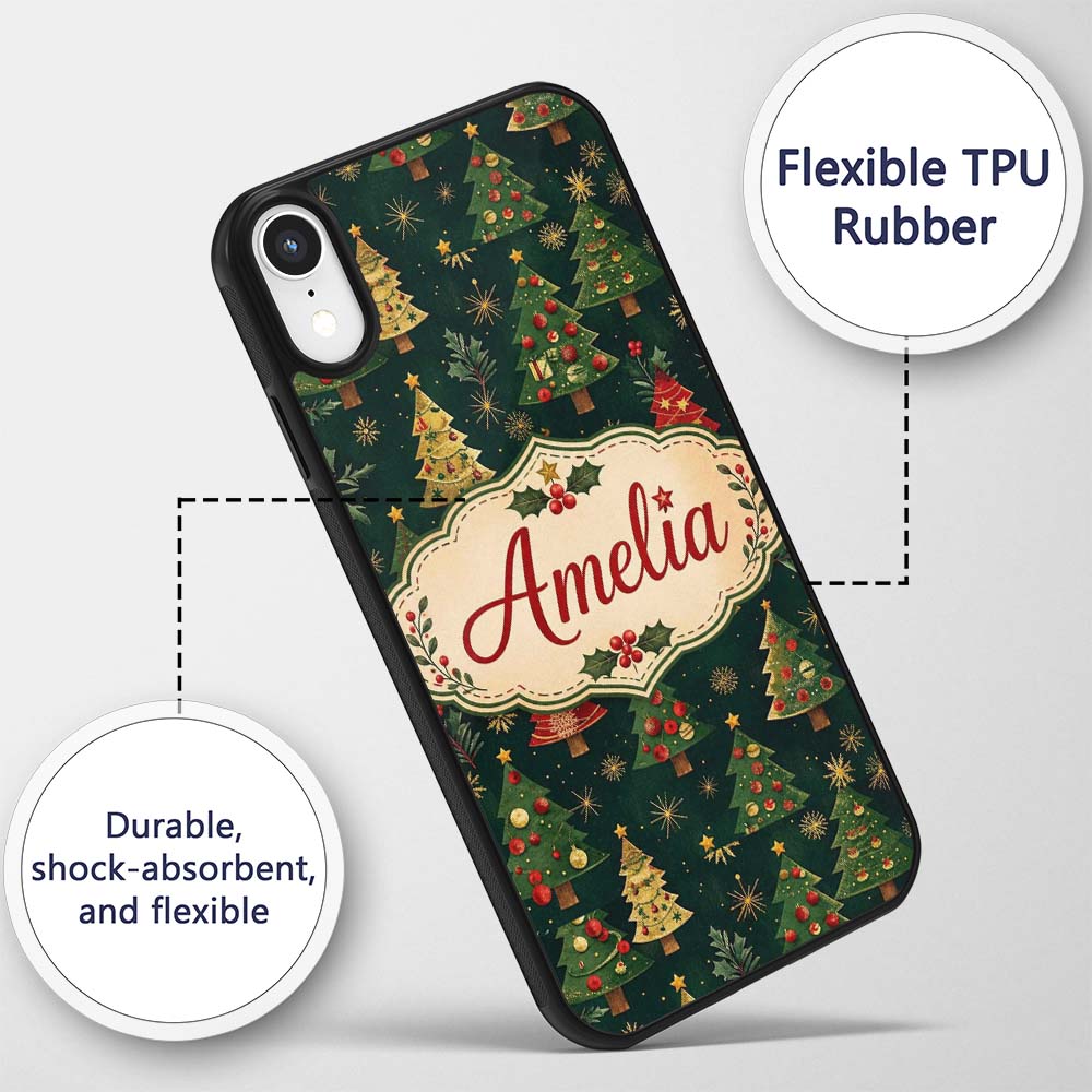 Vintage Christmas Trees Dark Green Gold Stars Custom Name Protective Phone Case Mobile Cover Durable Everyday Smartphone Shock Resistant