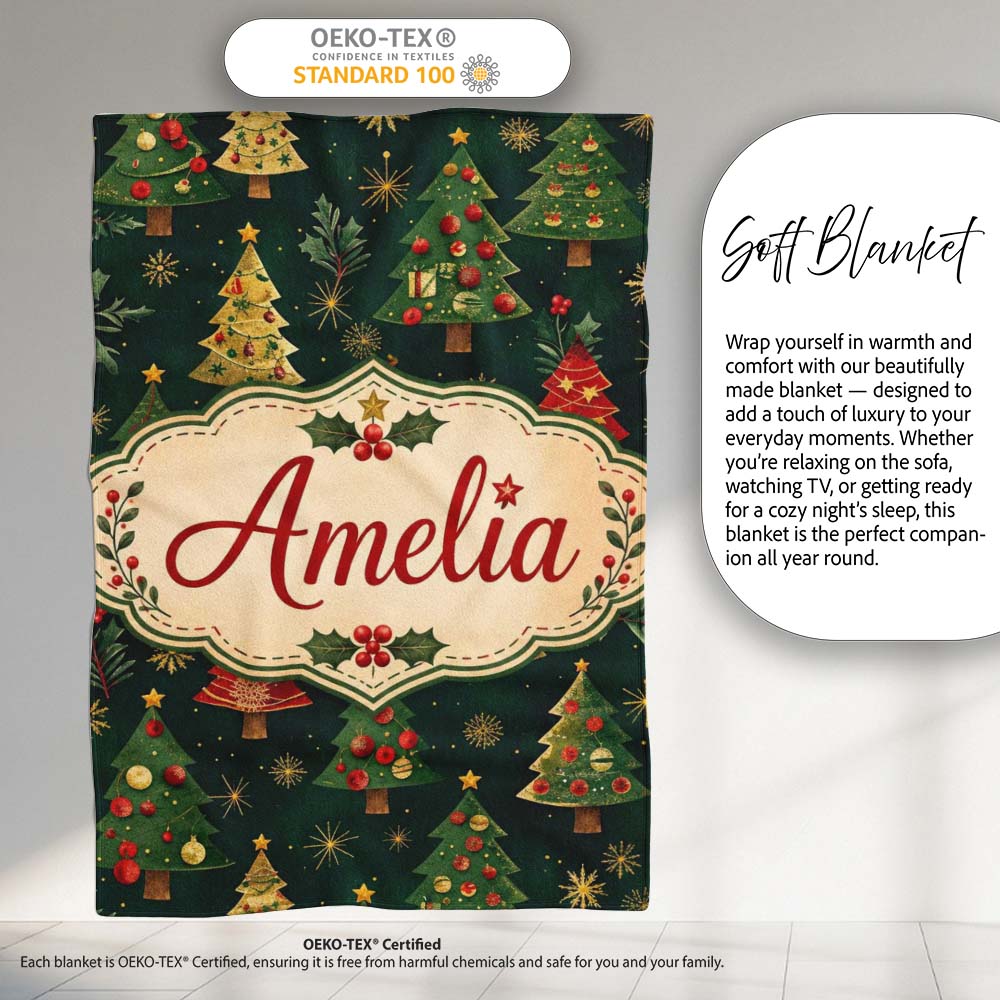 Vintage Christmas Trees Dark Green Gold Stars Holiday Seamless  Personalised Custom Name Super Soft Fleece Blanket Bed Sofa Throw
