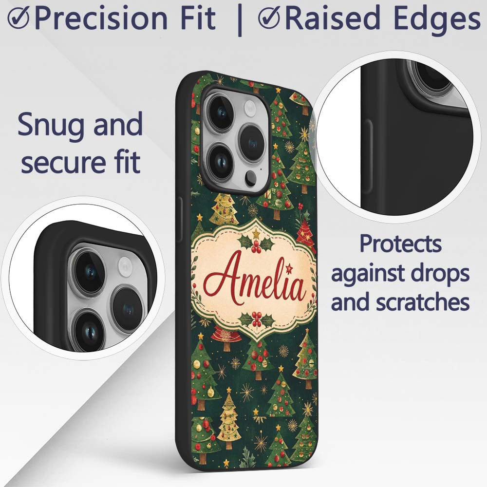 Vintage Christmas Trees Dark Green Gold Stars Custom Name Protective Phone Case Mobile Cover Durable Everyday Smartphone Shock Resistant