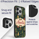 Vintage Christmas Trees Dark Green Gold Stars Custom Name Protective Phone Case Mobile Cover Durable Everyday Smartphone Shock Resistant