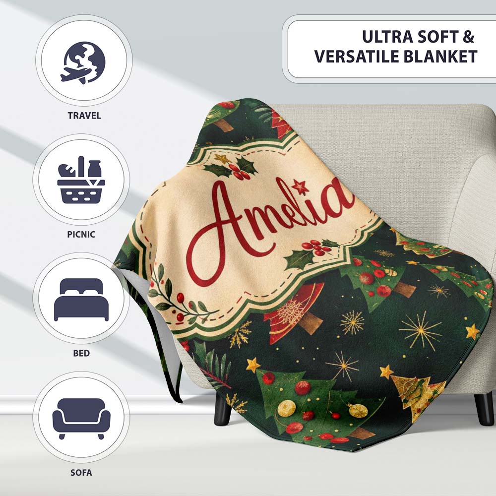 Vintage Christmas Trees Dark Green Gold Stars Holiday Seamless  Personalised Custom Name Super Soft Fleece Blanket Bed Sofa Throw