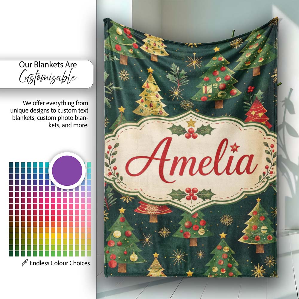 Vintage Christmas Trees Dark Green Gold Stars Holiday Seamless  Personalised Custom Name Super Soft Fleece Blanket Bed Sofa Throw