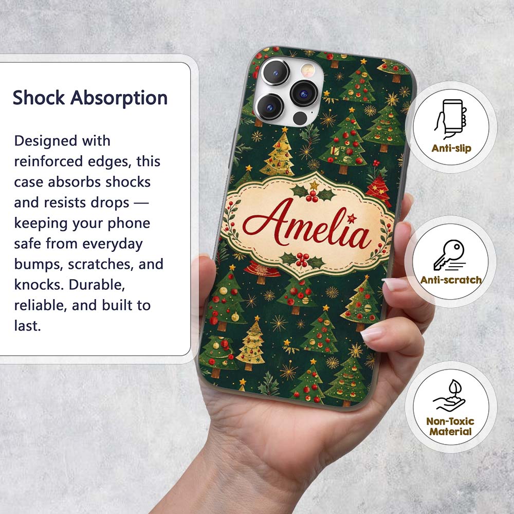 Vintage Christmas Trees Dark Green Gold Stars Custom Name Protective Phone Case Mobile Cover Durable Everyday Smartphone Shock Resistant