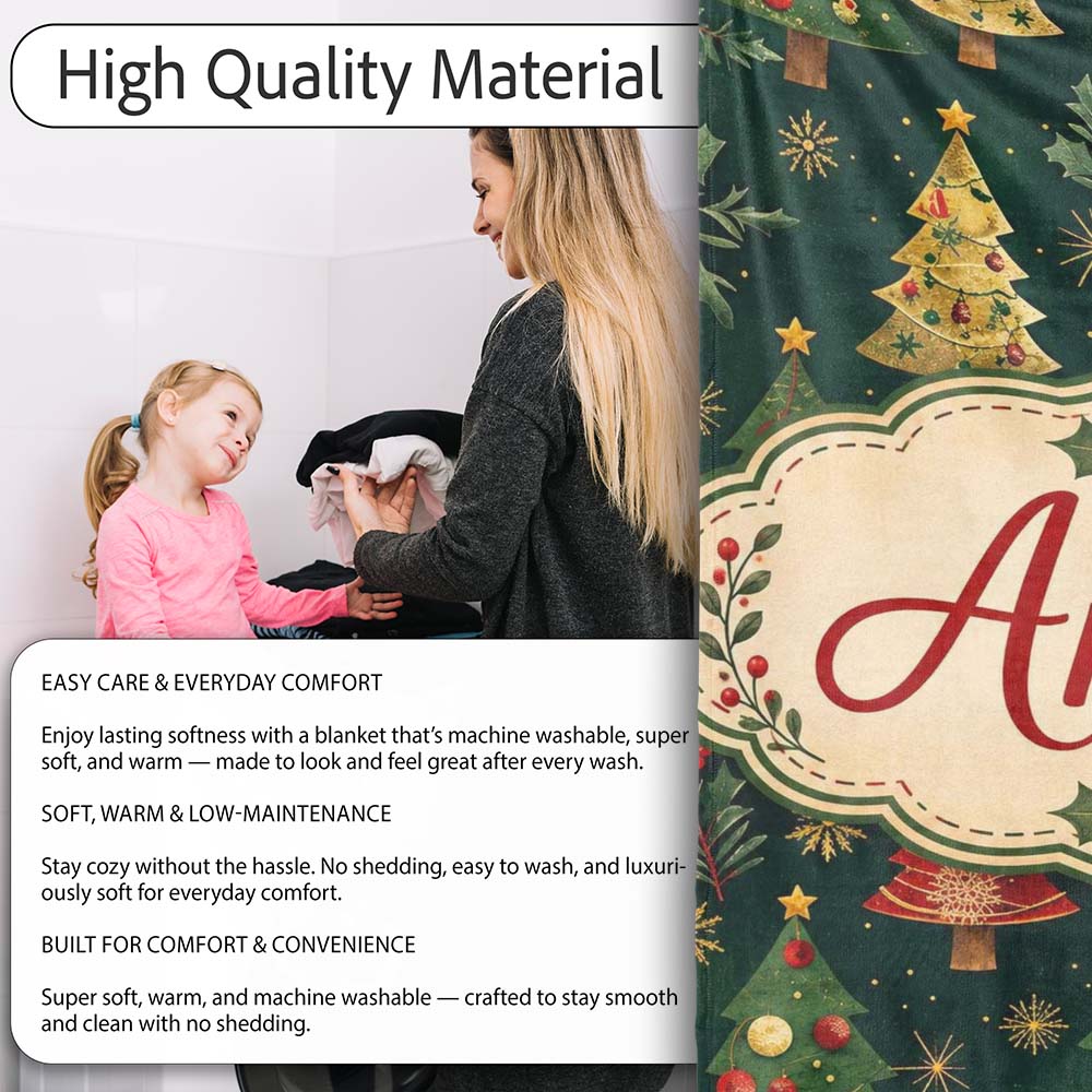 Vintage Christmas Trees Dark Green Gold Stars Holiday Seamless  Personalised Custom Name Super Soft Fleece Blanket Bed Sofa Throw