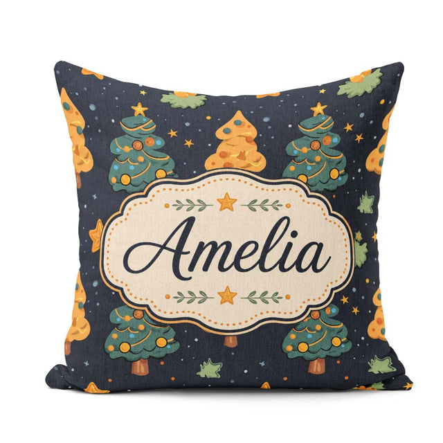 Custom Name Cute Cartoon Trees Stars Navy Night Seamless Pattern Square Filled Cushion Throw Pillow Sofa Bed Home Decor Zip Washable UK Made