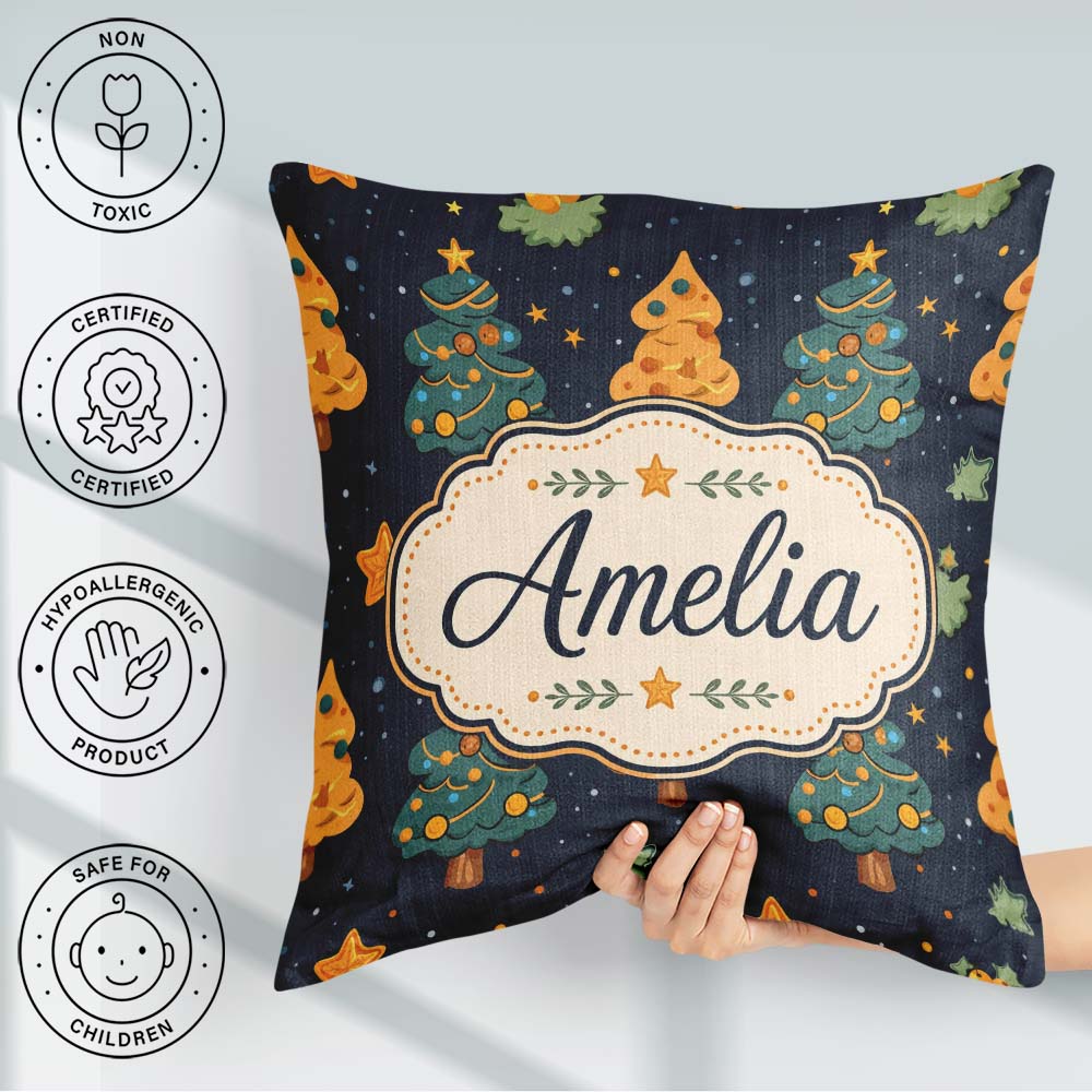 Custom Name Cute Cartoon Trees Stars Navy Night Seamless Pattern Square Filled Cushion Throw Pillow Sofa Bed Home Decor Zip Washable UK Made
