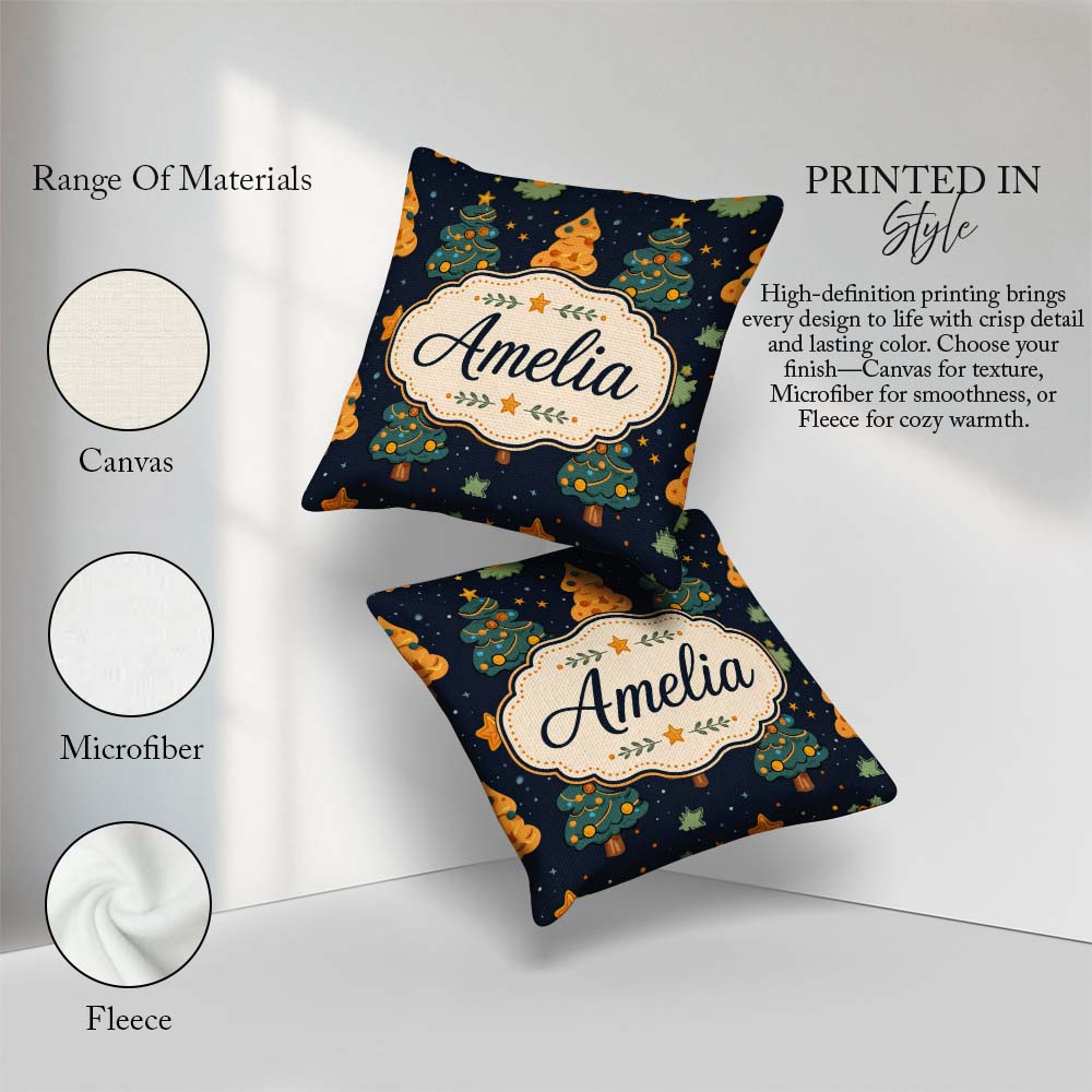 Custom Name Cute Cartoon Trees Stars Navy Night Seamless Pattern Square Filled Cushion Throw Pillow Sofa Bed Home Decor Zip Washable UK Made