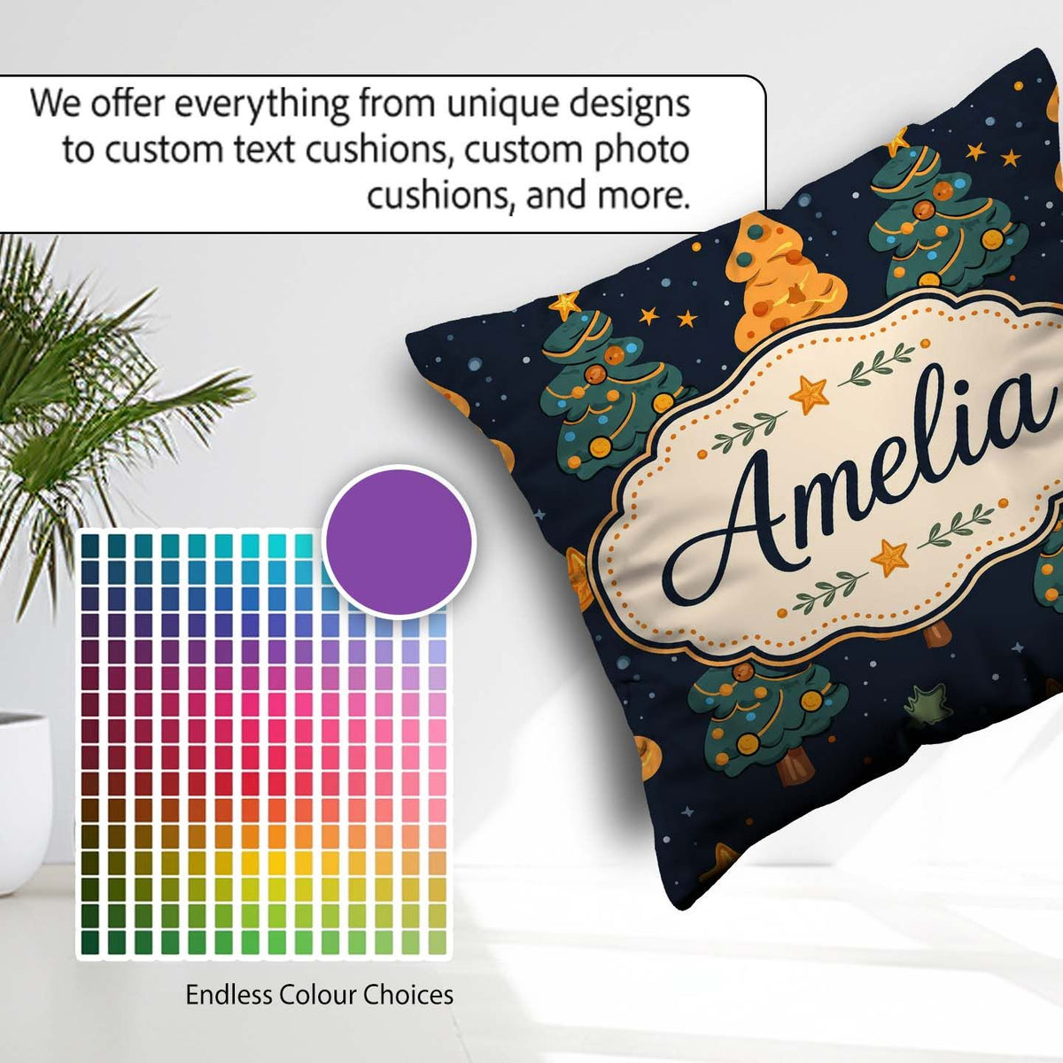 Custom Name Cute Cartoon Trees Stars Navy Night Seamless Pattern Square Filled Cushion Throw Pillow Sofa Bed Home Decor Zip Washable UK Made