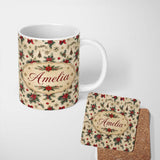 Personalized Custom Name Vintage Poinsettia Pine Branch Snowflake Festive Seamless Pattern 11oz Ceramic Coffee Tea Mug White Large Handle