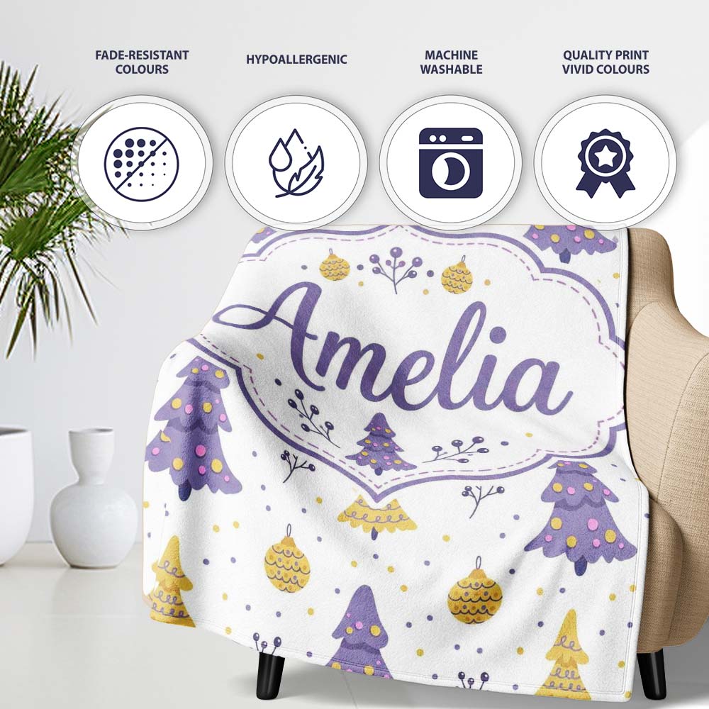 Pastel Christmas Trees Ornaments Soft Purple Yellow Seamless Pattern  Personalised Custom Name Super Soft Fleece Blanket Bed Sofa Throw