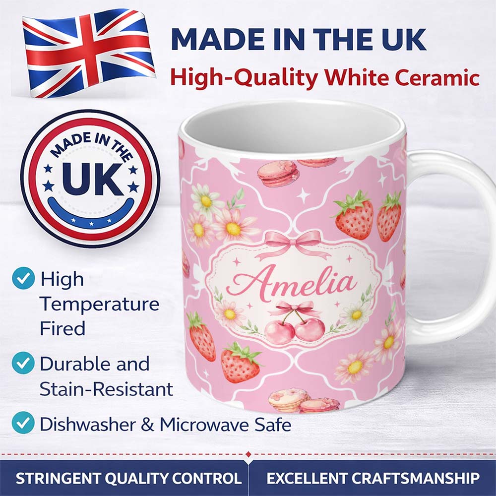 Personalized Custom Name Cute Strawberry Cherry Daisy Floral Bow Sweet Dessert Soft Pink 11oz Ceramic Coffee Tea Mug White Large Handle