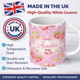 Personalized Custom Name Cute Strawberry Cherry Daisy Floral Bow Sweet Dessert Soft Pink 11oz Ceramic Coffee Tea Mug White Large Handle
