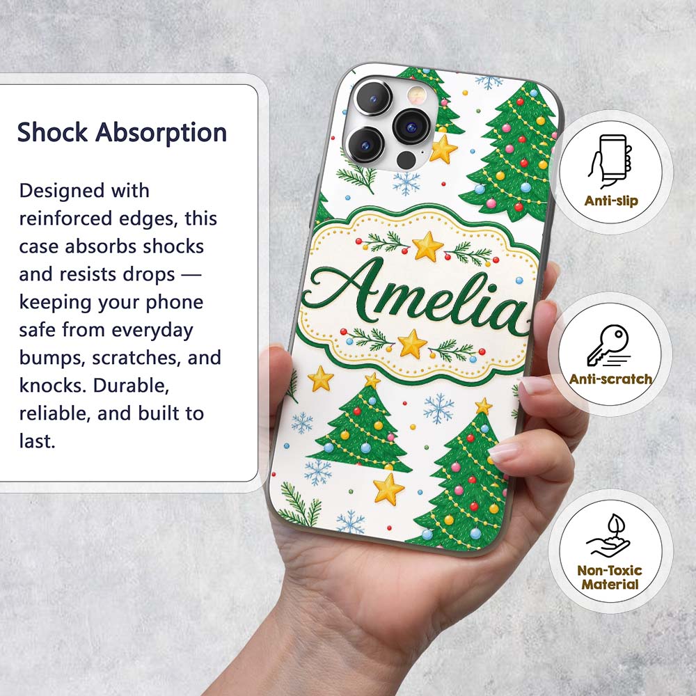 Decorated Christmas Trees Stars Printed Design Custom Name Protective Phone Case Mobile Cover Durable Everyday Smartphone Shock Resistant