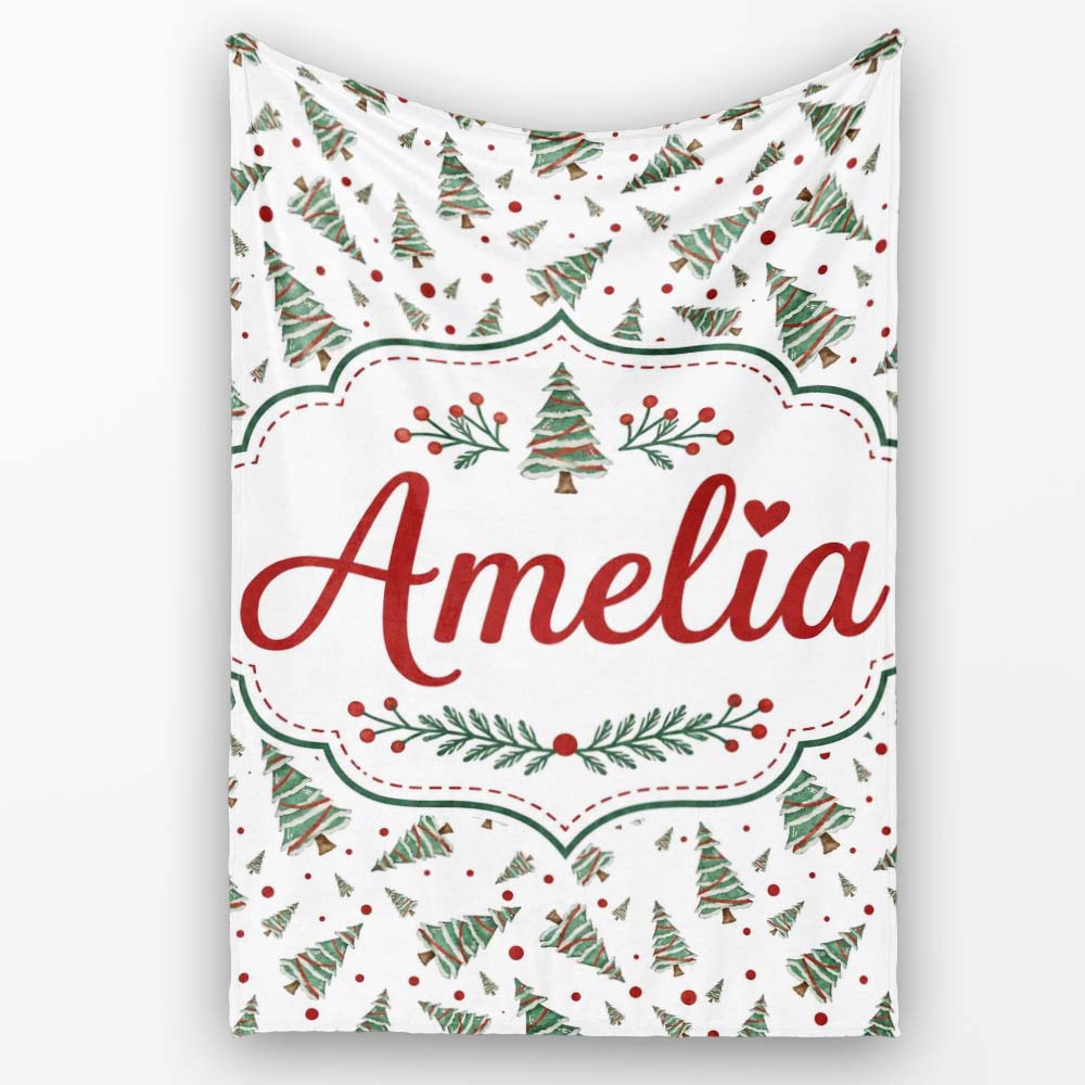 Watercolor Christmas Trees Red Dots Winter Seamless Pattern Lovely  Personalised Custom Name Super Soft Fleece Blanket Bed Sofa Throw