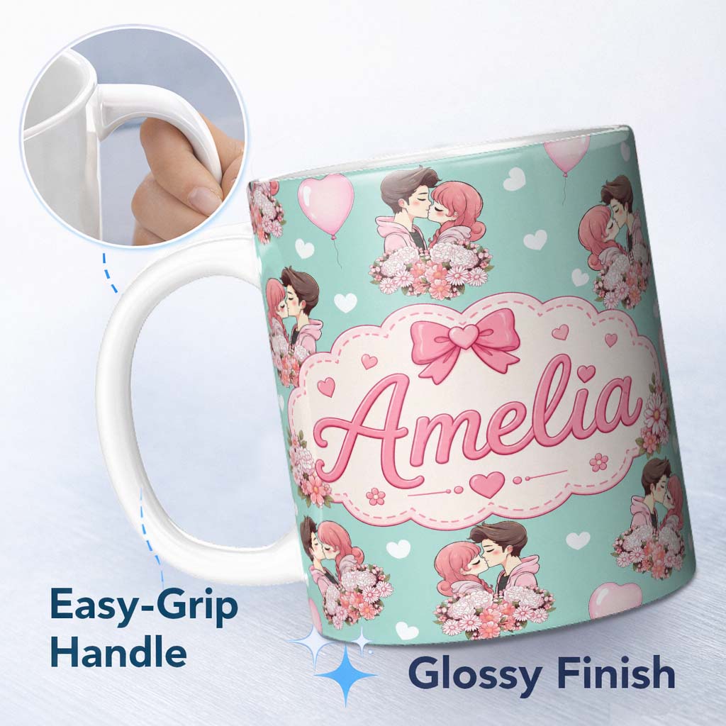 Personalized Custom Name Romantic Couple Kissing Floral Bouquet Hearts Pattern Mint Green 11oz Ceramic Coffee Tea Mug White Large Handle