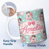 Personalized Custom Name Romantic Couple Kissing Floral Bouquet Hearts Pattern Mint Green 11oz Ceramic Coffee Tea Mug White Large Handle