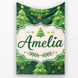 Cute Green Christmas Trees Golden Ornaments Seamless Pattern Lovely  Personalised Custom Name Super Soft Fleece Blanket Bed Sofa Throw