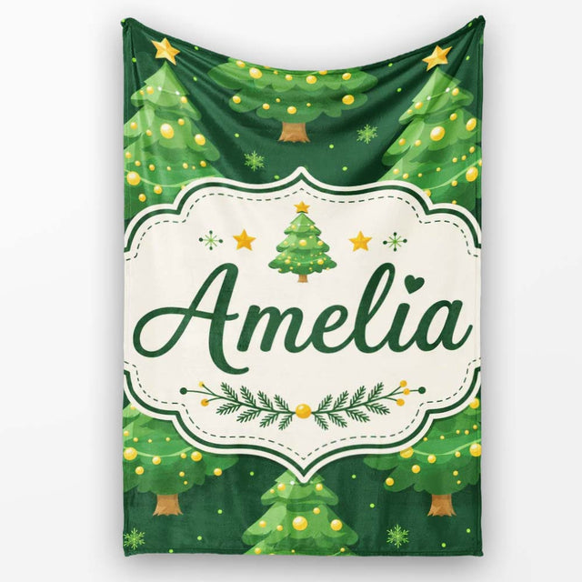Cute Green Christmas Trees Golden Ornaments Seamless Pattern Lovely  Personalised Custom Name Super Soft Fleece Blanket Bed Sofa Throw