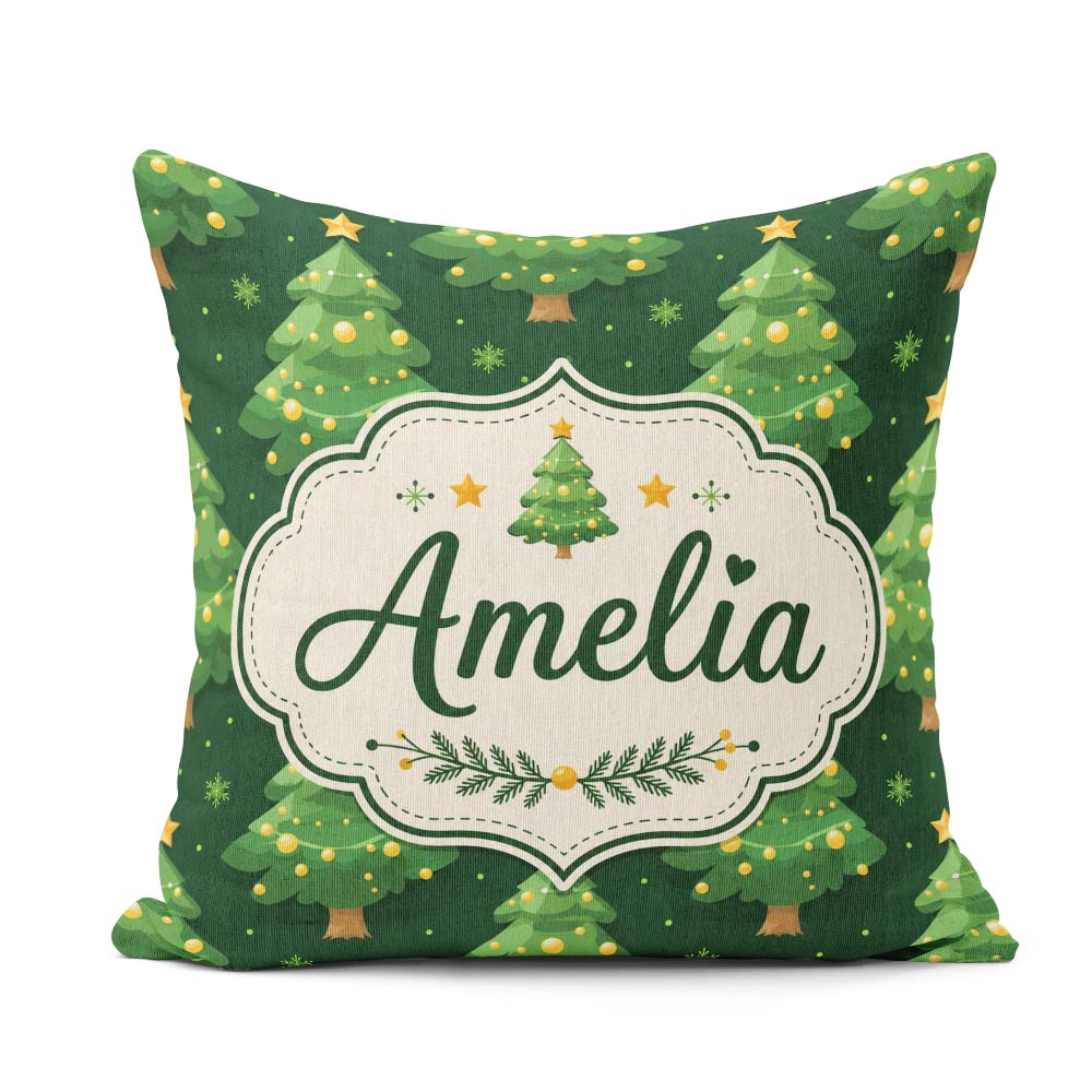 Custom Name Cute Green Christmas Trees Golden Ornaments Seamless Square Filled Cushion Throw Pillow Sofa Bed Home Decor Zip Washable UK Made