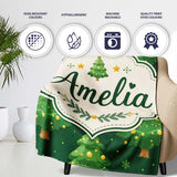 Cute Green Christmas Trees Golden Ornaments Seamless Pattern Lovely  Personalised Custom Name Super Soft Fleece Blanket Bed Sofa Throw