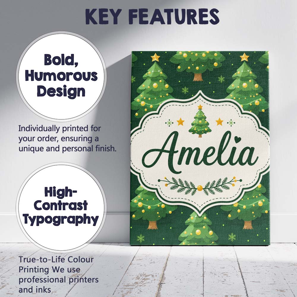 Personalised Name Cute Green Christmas Custom  Modern Room Accent Elegant Feature Canvas Wall Art Print Decor Picture Ready to Hang