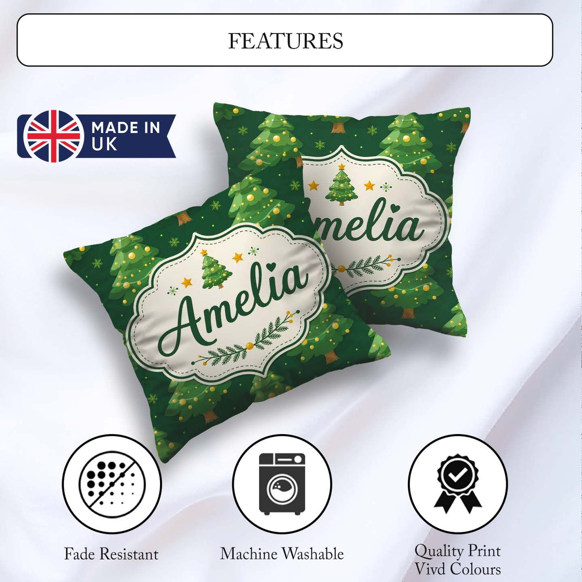 Custom Name Cute Green Christmas Trees Golden Ornaments Seamless Square Filled Cushion Throw Pillow Sofa Bed Home Decor Zip Washable UK Made