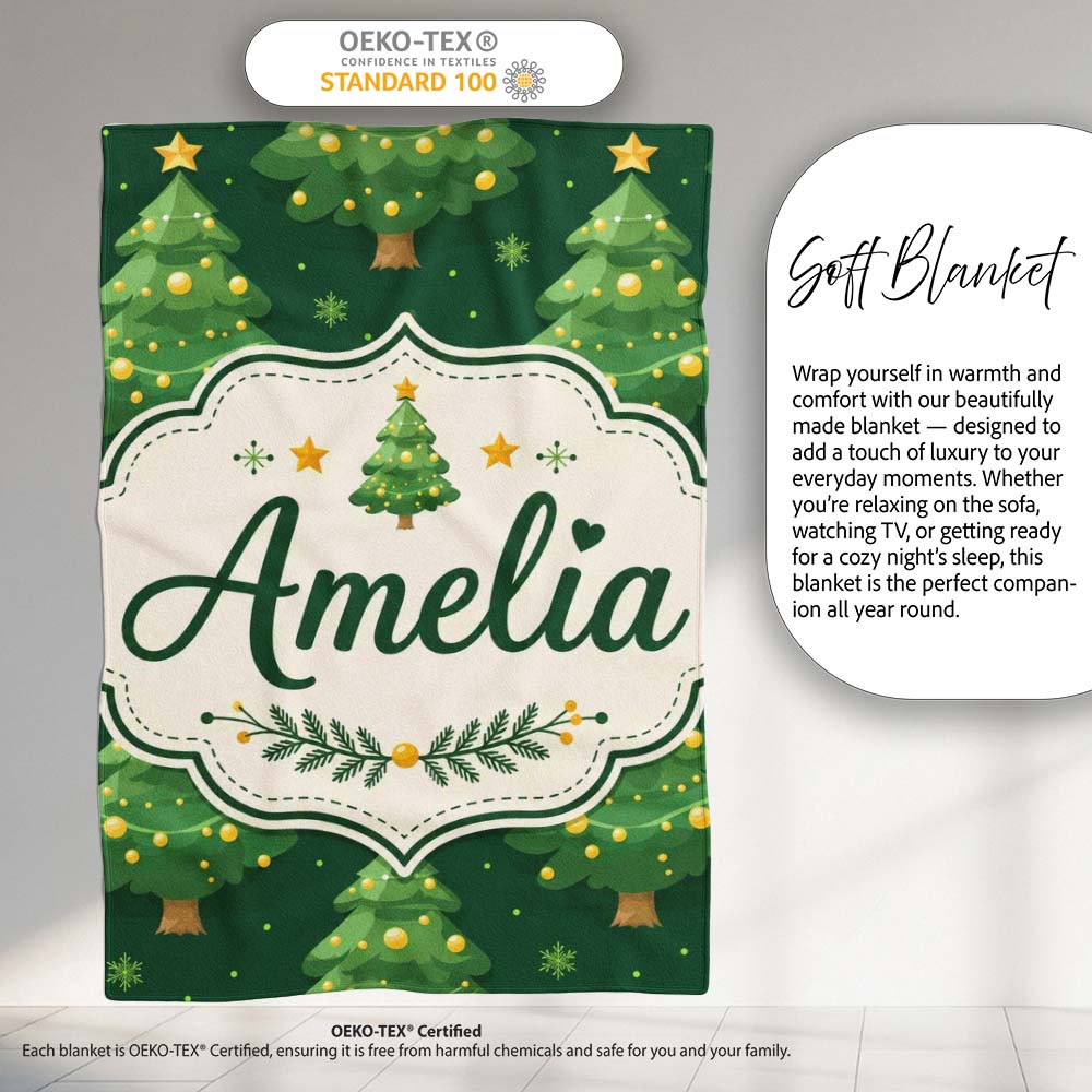 Cute Green Christmas Trees Golden Ornaments Seamless Pattern Lovely  Personalised Custom Name Super Soft Fleece Blanket Bed Sofa Throw