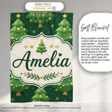 Cute Green Christmas Trees Golden Ornaments Seamless Pattern Lovely  Personalised Custom Name Super Soft Fleece Blanket Bed Sofa Throw
